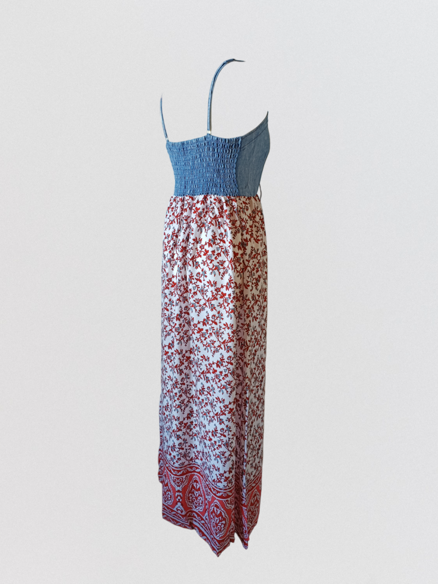 Robe fines bretelles avec bustier en jean et jupe motif rouge. – Image 4